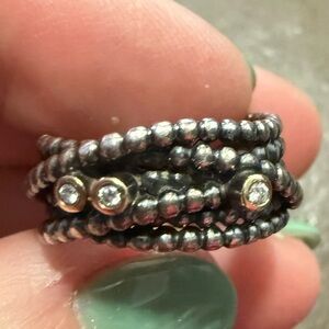 Pandora Silver and Gold Beaded Ring with Sparkling Accents